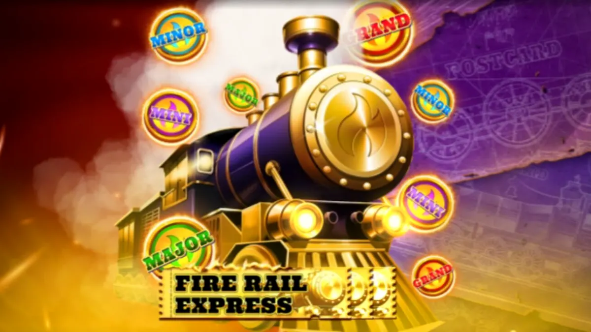 Locomotiva steampunk e elementos dourados no slot Fire Rail Express